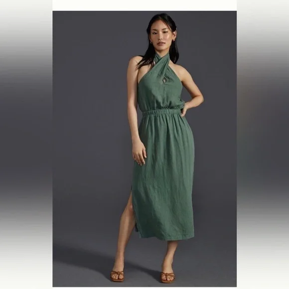 Moss Green Linen Cross-Halter Maxi Dress | Cloth & Stone